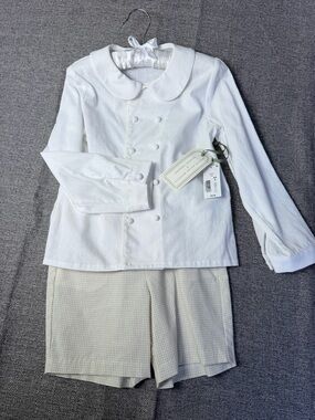 Edgehill Collection White Double-Breasted Pajama Top with Cream Shorts